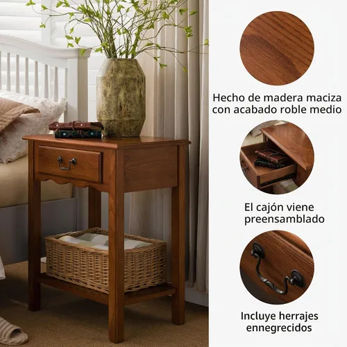 Vista 5 de Leick Home Salem Mesita de noche, mesa auxiliar, 22 pulgadas, roble mediano MEDIUM OAK