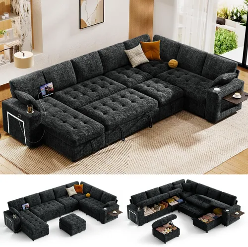 Vista 17 de Vipbear Sofá cama modular de 111 pulgadas con cama extraíble, sofá en forma de L de felpilla de 7 asientos con diván de almacenamiento, puertos USB