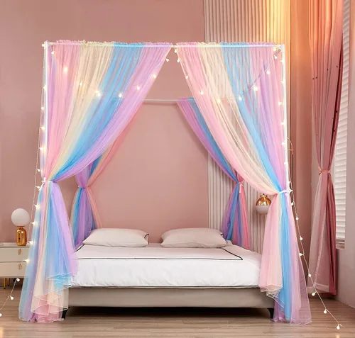 Vista 8 de Akiky Cortinas de Cama con Dosel con Luces de 4 Postes Esquineros para Adultos y Niñas, Cortinas de Cama con Red de Arcoíris - 8 Paneles