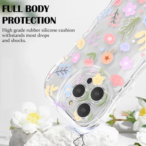 Vista 3 de Newseego Funda para iPhone 13 Pro, bonita funda transparente de flores coloridas y rizadas con bonita cadena de pulsera de flores para mujeres