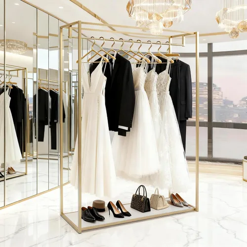 Vista 14 de Estante de ropa de 71 pulgadas con estantes, estante para vestidos de boda, estante de exhibición de ropa al por menor, resistente comercial