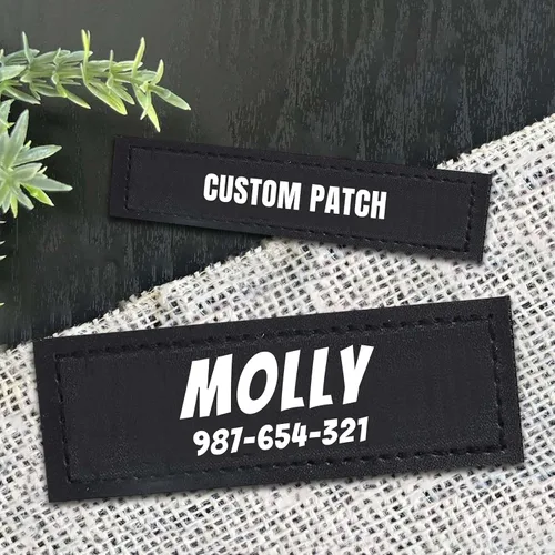 Vista 2 de Parches personalizados con nombre para arnés o collar de perro, texto personalizable, parches tácticos extraíbles, 2 parches personalizados