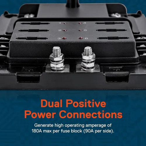 Vista 5 de True Mods Caja de fusibles de 6 vías con bus negativo de tierra para automoción [entradas positivas duales] [12V - 32V CC] [180 amperios]