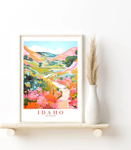 Vista 4 de ColorAndFlair Idaho Travel Print Gem State Souvenir ID Nature Pink Orange Teal Wall Art Mountains Landscape Retro Poster (8x10 inches)