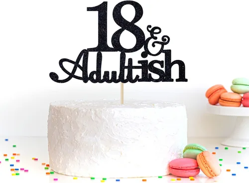 Vista 5 de Decoración para pastel de 18 años con purpurina negra y Adultish para fiesta de cumpleaños de dieciocho años, decoraciones de pastel de tiempo