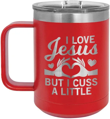 Vista 6 de Taza de café con tapa abatible, diseño con texto "I love Jesus but I CUSS A LITTLE 15 oz con tapa superior taza de café de viaje aislado Ideas