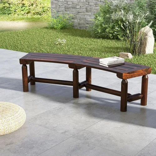 Vista 2 de Tangkula Banco de patio curvo, banco de comedor de madera carbonizada, asiento espacioso y con listones, carga máxima de 710 LBS, banco de 2 plazas