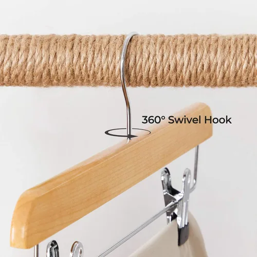 Vista 5 de SONGMICS Perchas de Madera para Pantalones, Paquete de 8 Perchas para Pantalones con Clips de Metal Ajustables Antioxidantes, Gancho Giratorio