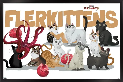 Vista 8 de Marvel The Marvels - Póster de pared de Flerkittens, 22.4 pulgadas de largo x 14.7 pulgadas de ancho, versión enmarcada de madera de granero