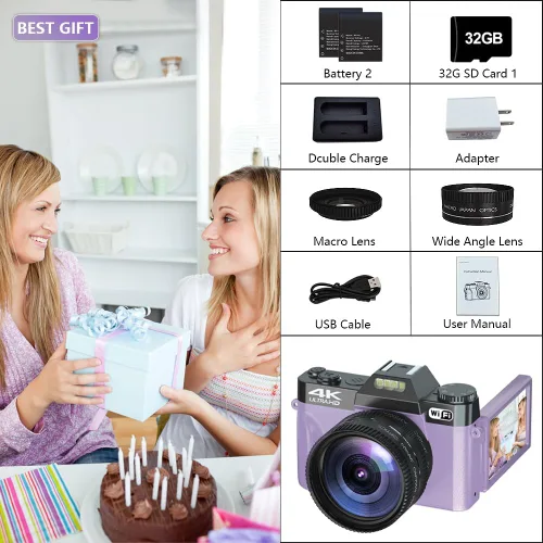 Vista 8 de Cámara digital 4K de 56 MP, cámara de vlogging para YouTube con WiFi, cámara compacta de enfoque automático 16X con zoom digital con tarjeta micro