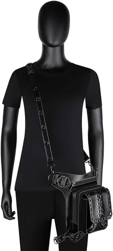 Vista 4 de Steampunk - Riñonera de piel gótica con diseño de calavera, bandolera cruzada con hombros y muslos y caderas, para mujeres y hombres, WP-BG065BK