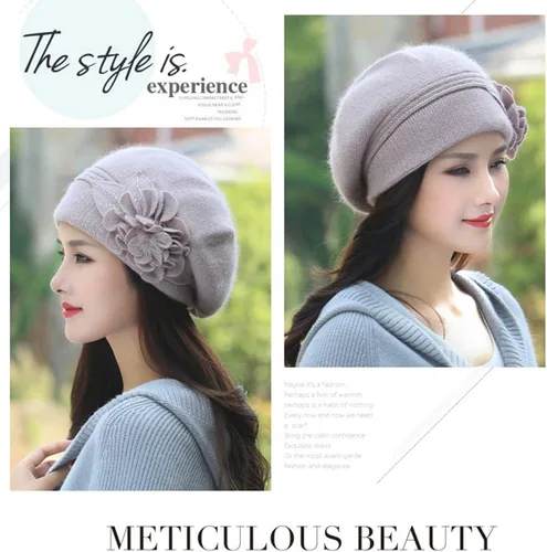 Vista 2 de FADVES - Gorros de invierno para mujer, gorro de punto de piel de conejo con diamantes de imitación