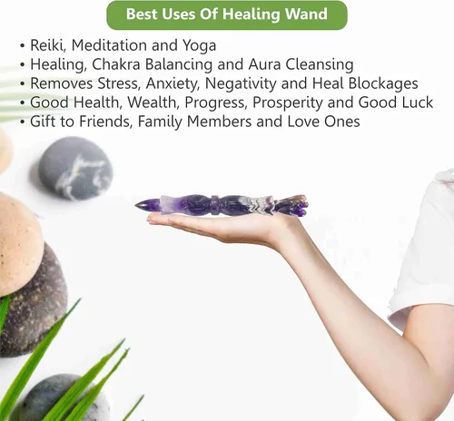 Vista 5 de Varita curativa de talla metafísica de amatista Lápiz de piedras preciosas talladas a mano de 6 pulgadas para meditación y masaje pagano Energía