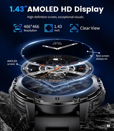 Vista 3 de Relojes inteligentes militares para hombres (responder/hacer llamadas) con linterna LED, batería grande de 530 mAh, monitor de frecuencia