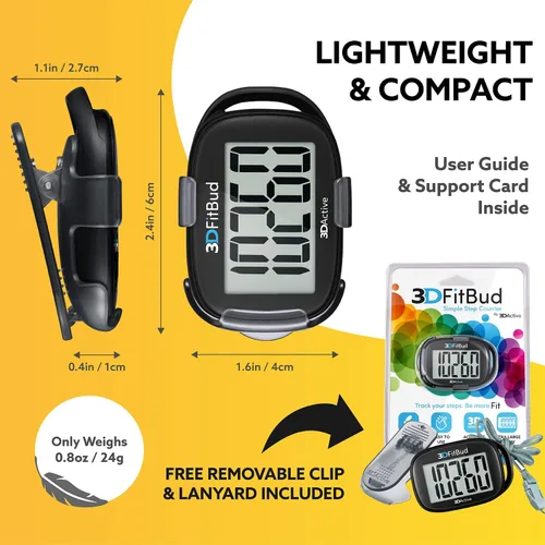 Vista 6 de 3DFitBud Simple Contador de Pasos - Podómetro 3D para caminar de 3DActive con clip, cordón, rastreador de pasos preciso, pantalla grande, fácil