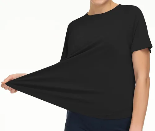 Vista 5 de Tmustobe Camisetas de entrenamiento ligeras de manga corta para mujer, para yoga, gimnasio, cuello redondo, camisetas casuales atléticas para correr