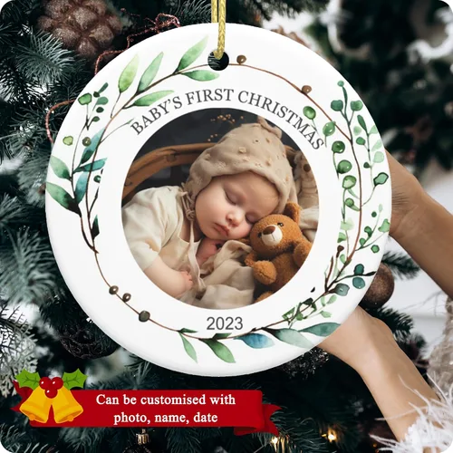Vista 2 de Adornos personalizados para la primera Navidad del bebé, adornos colgantes de cerámica con foto de bebé, regalo de recuerdo para bebé recién nacido