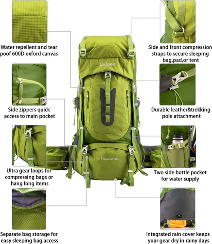 Vista 5 de Ubon Mochila de senderismo con marco interno de 50/60 L, mochila de camping para hombres y mujeres con cubierta de lluvia verde (60L-Green)