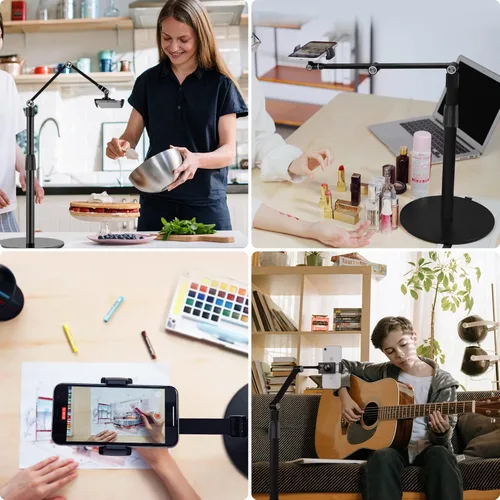 Vista 2 de Viozon Soporte superior para teléfono tableta, altura y ángulo de 360 grados ajustable, soporte de escritorio de aluminio, compatible con teléfono