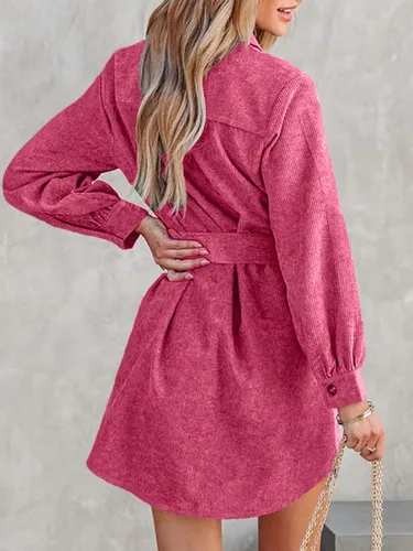 Vista 5 de Uusollecy Minivestido de pana para mujer, manga larga, con botones, camisa y cinturón