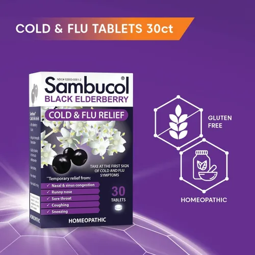 Vista 3 de Tabletas para el alivio del resfriado y de la gripa Sambucol Black Elderberry, 30 tabletas (2 paquetes) Homeopathic Black Elderberry Cold
