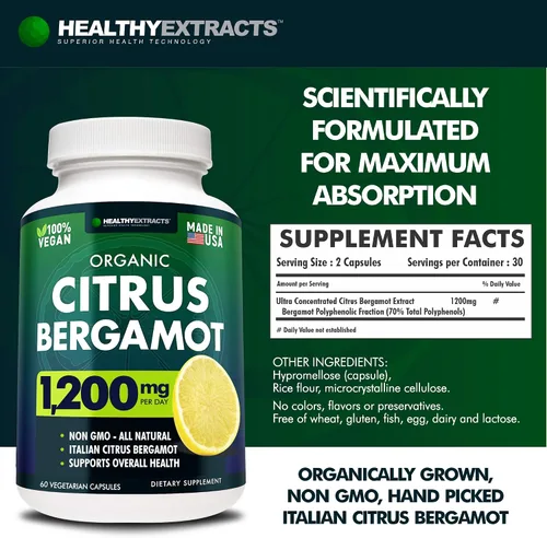 Vista 6 de Suplemento de bergamota cítrica – Extracto 150:1, 1200 mg por porción, 70% polifenoles, de origen italiano, 60 unidades, suministro de 1 mes