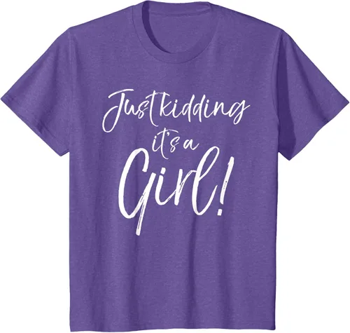 Vista 50 de Camiseta divertida de revelación de género Blue Trick Just Kidding It's a Girl!, Azul / Patchwork, S Azul Pastel
