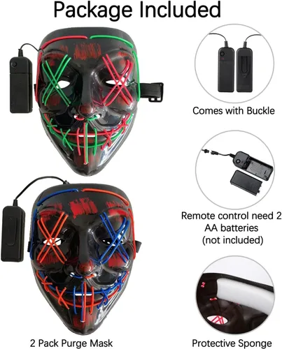 Vista 6 de longpo Máscara de La Purga de Halloween para adultos, máscara de miedo con luz LED, disfraz de cosplay para fiesta de Halloween (paquete de 2 B)