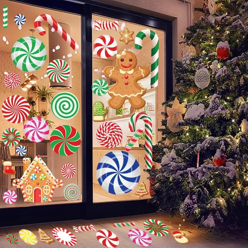 Vista 5 de Adhesivos de ventana de Navidad para vidrio, doble cara, 3D, bastón de caramelo, pan de jengibre, 88 calcomanías de menta para decoración de fiesta