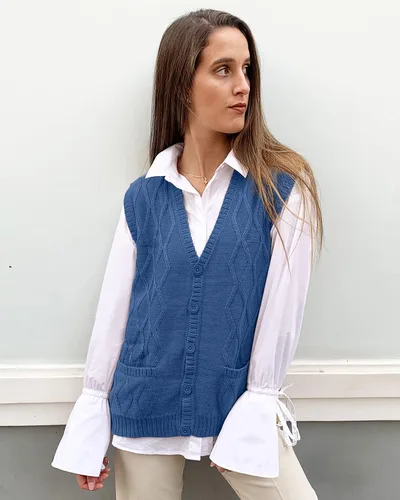 Vista 3 de TINKUY Peru - Chaleco tipo cárdigan de lana de alpaca con cuello en V para mujer, talla S-4XL