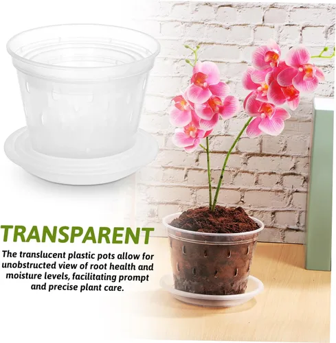 Vista 3 de 3 macetas de plástico translúcido para orquídeas para agujeros de drenaje, macetas de interior para plantas y platillos Set, Sturdy Crack Resistant