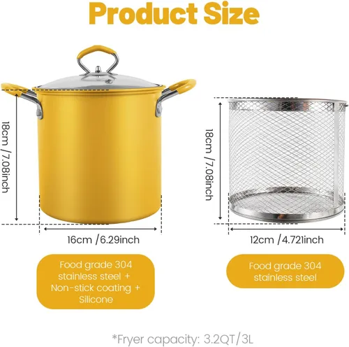 Vista 7 de UKQRRTC Olla para freír con cesta coladora, sartén de acero inoxidable, resistente al calor, mini freidora de aceite, recipiente de aceite