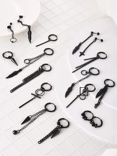 Vista 2 de Hicarer 20 aretes colgantes de acero inoxidable para hombre, aretes de aro con bisagras Kpop