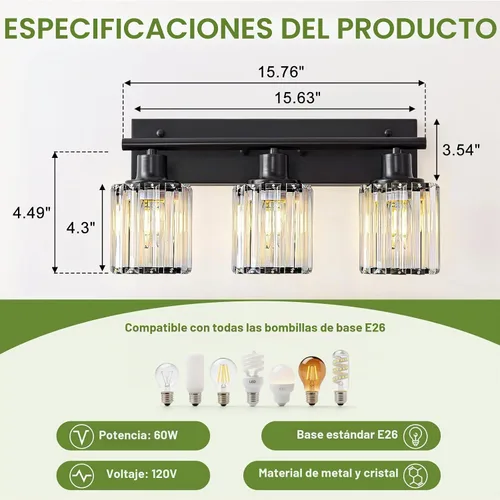 Vista 2 de Luz de tocador, 3 luces de cristal negro moderno para baño con 3 bombillas E26, luces de tocador para baño, dormitorio, sala de estar, pasillo