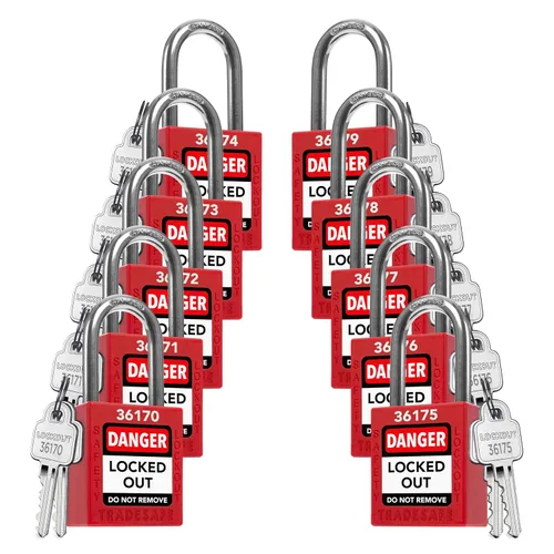 Vista 16 de TRADESAFE Juego de cerraduras de bloqueo - 7 cerraduras de loto rojas, cerraduras de bloqueo con llave diferente, 1 llave por cerradura, candados