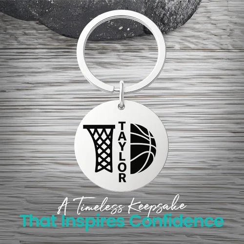 Vista 3 de Llavero de baloncesto personalizado, regalo personalizado de acero inoxidable grabado para jugadores, entrenadores, adolescentes, niños y niñas