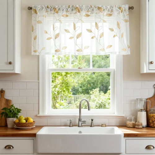 Vista 26 de VOGOL Juego de cortinas transparentes bordadas y cenefas para sala de estar, con bolsillo para barra blanca, par de cortinas traslúcidas