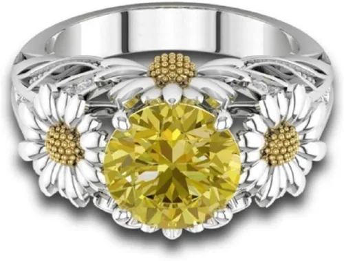 Vista 4 de Lzz Fashion Lady - Anillo de plata de ley 925 de 3,5 quilates, citrino, margarita, circonita cúbica, flor de girasol, anillo de boda, tamaño 6-10