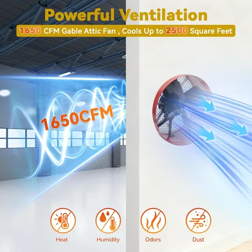 Vista 2 de Ventilador de ático a dos aguas de 15 pulgadas con termostato, ventilador de ventilación de ático enchufable de 1650 CFM con condensador de arranque
