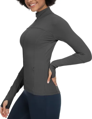 Vista 4 de QUEENIEKE Chaquetas de correr para mujer con cremallera, chaquetas atléticas ajustadas para entrenamiento, gimnasio, yoga, pista, con bolsillos