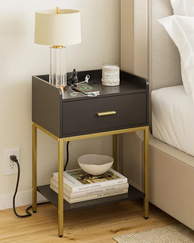 Vista 14 de Mesita de noche, mesita de noche moderna de 3 niveles, mesita de noche con cajón de almacenamiento y estante, mesa auxiliar pequeña para dormitorio