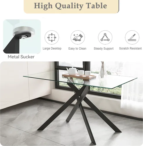 Vista 5 de SSLine Mesa de comedor moderna de cristal, rectangular de 51 pulgadas, color negro con patas de metal diseñadas en X para cocina y comedor