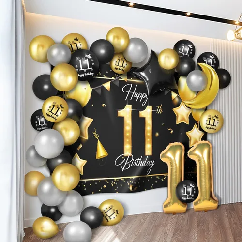 Vista 8 de Juego de globos dorados de feliz cumpleaños número 10 – Saludos a los 10 años de edad, guirnalda temática de fiesta con estrellas y luna, decoración