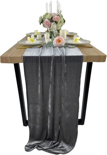 Vista 21 de Lujoso camino de mesa de terciopelo, decoraciones de recepción de boda de 10 pies, tela de terciopelo suave de 20 x 120 pulgadas, revestimiento