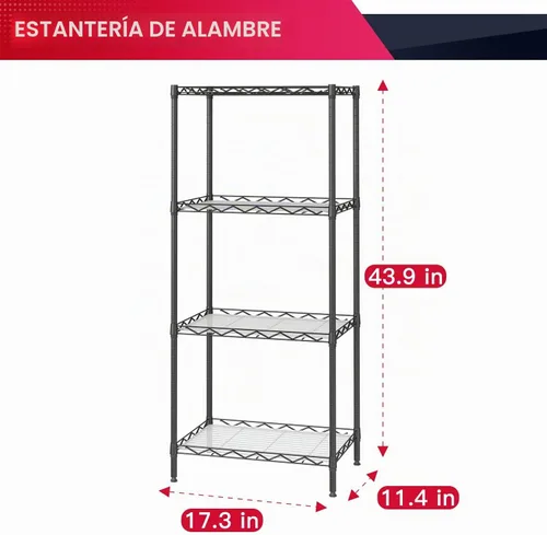 Vista 3 de BestOffice Estante de alambre de 4 niveles 12" x 18" x 44" Negro