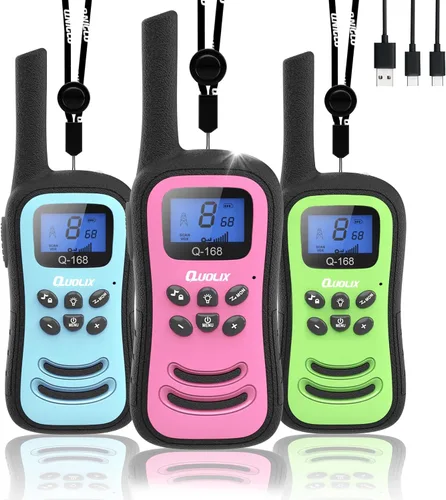 Vista 12 de QUOLIX Walkie Talkies para niños, paquete de 2 unidades, juguetes recargables para niños de 3 a 12 años, Walkie Talkie de largo alcance con 22