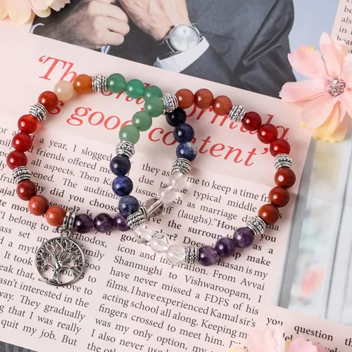 Vista 4 de Eigso Pulsera elástica de piedra de cristal de meditación curativa de 7 chakras para mujer con símbolo de loto, yoga, árbol, OM