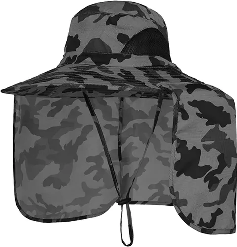 Vista 3 de Sombreros de protección solar para exteriores, gorra de pesca con solapa para el cuello, sombrero de ala grande para exteriores Verde militar