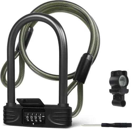 Vista 9 de Cerradura en U para bicicleta resistente, cerradura de bicicleta con contraseña de combinación de 4 dígitos con grillete de bloqueo en U