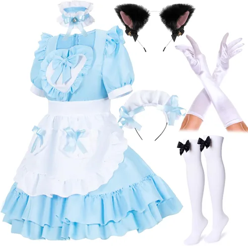 Vista 2 de Elibelle Disfraz de anime japonés clásico Sissy Maid Sweet Kawaii de corazón para cosplay, guantes peludos con orejas de gato